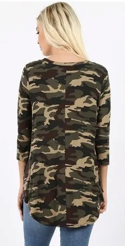 Womens Camouflage Shirt, 3/4 Sleeve Top, Size Small, Green