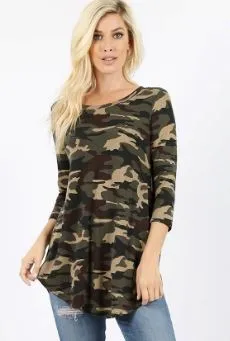 Womens Camouflage Shirt, 3/4 Sleeve Top, Size Small, Green