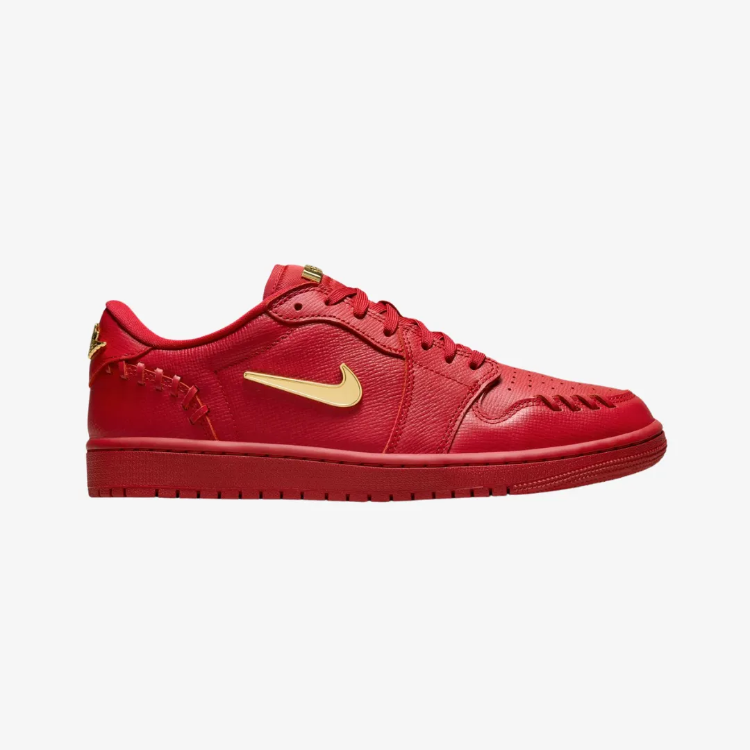 womens jordan 1 mm low (gym red/metallic gold)